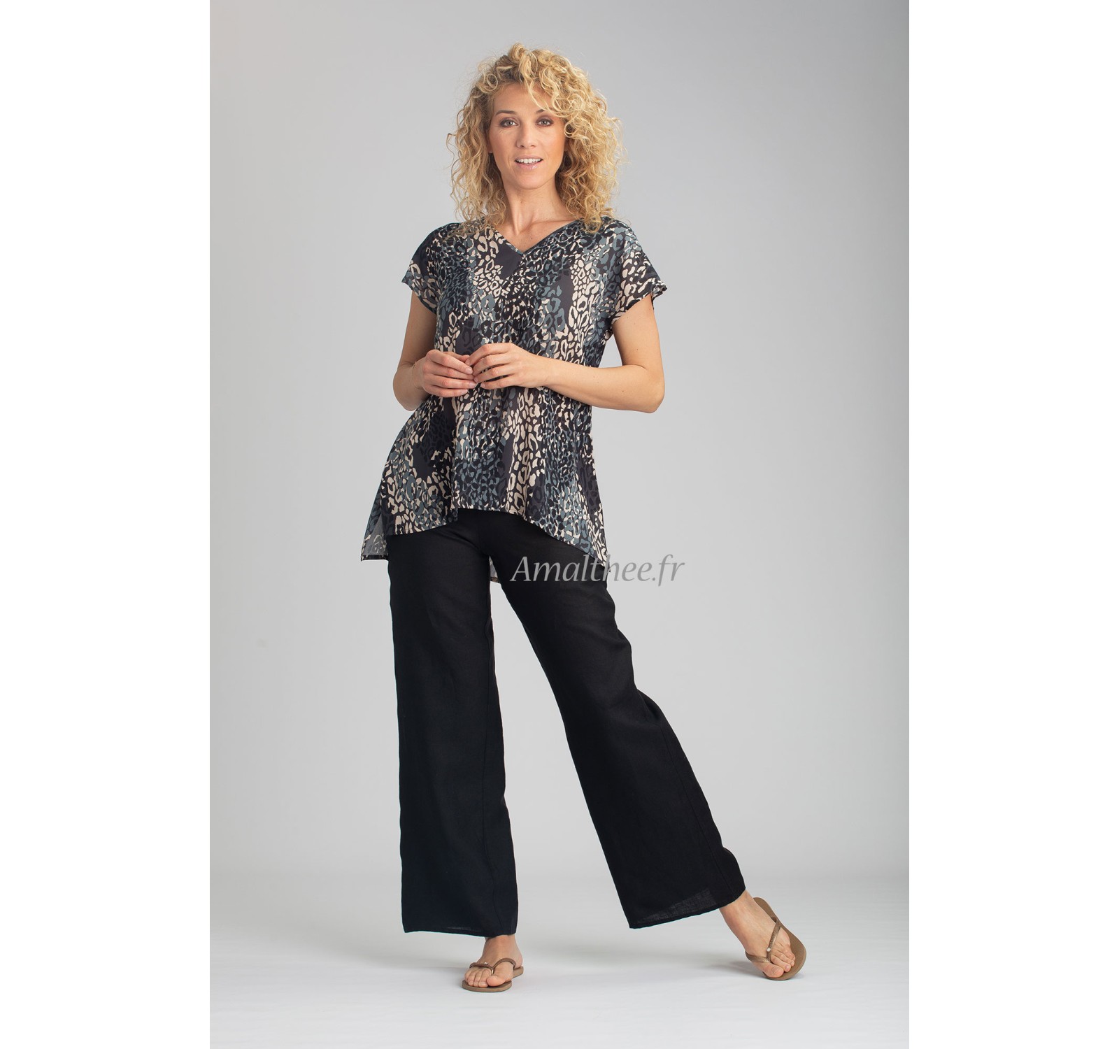 LYRA TUNIC WITH WATER GREEN PRINT AND BABA STRAIGHT BLACK LINEN PANTS