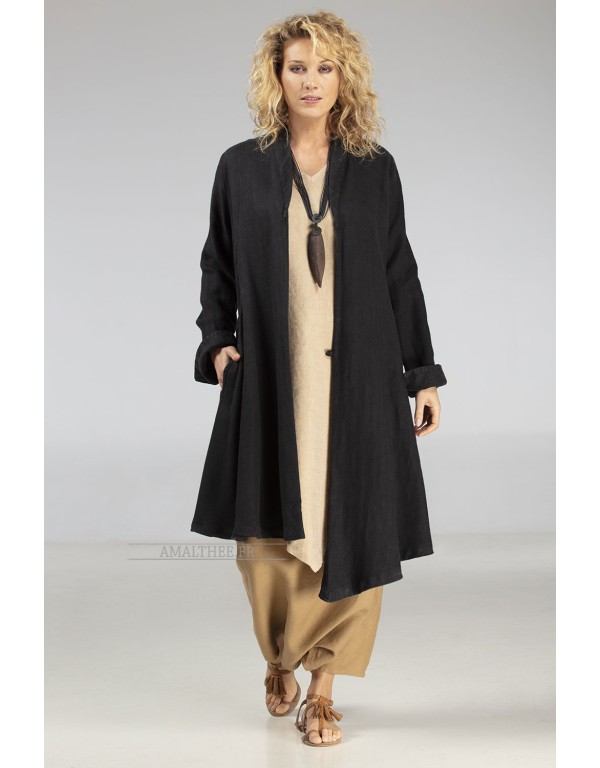 Asymmetrical black linen coat for women