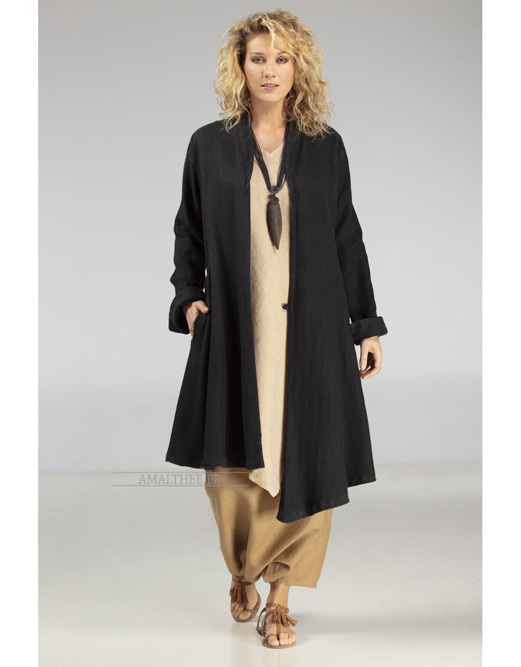 Asymmetrical black linen coat for women