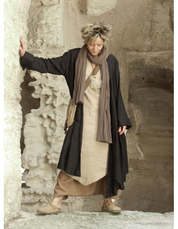 Asymmetrical black linen coat for women