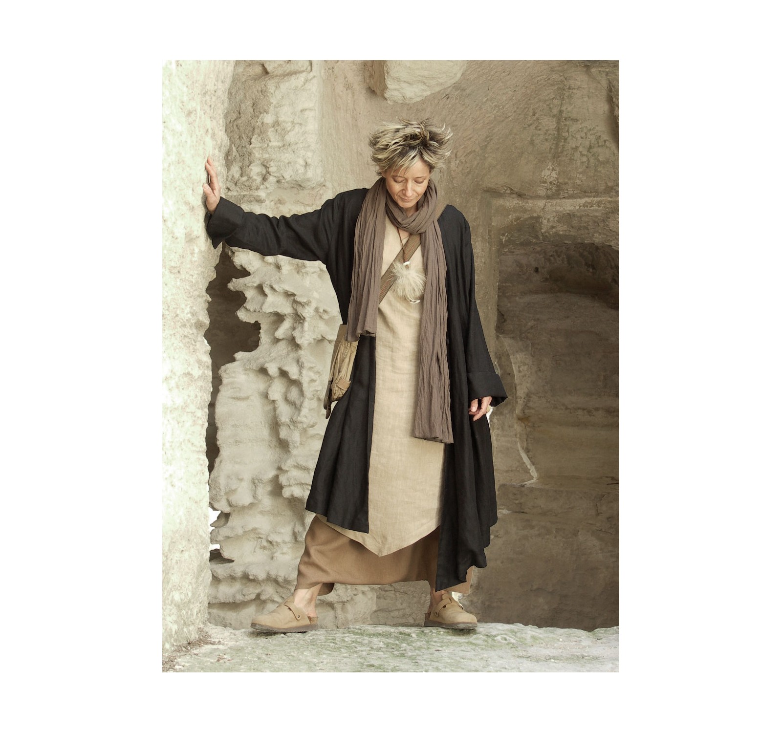 Asymmetrical black linen coat for women