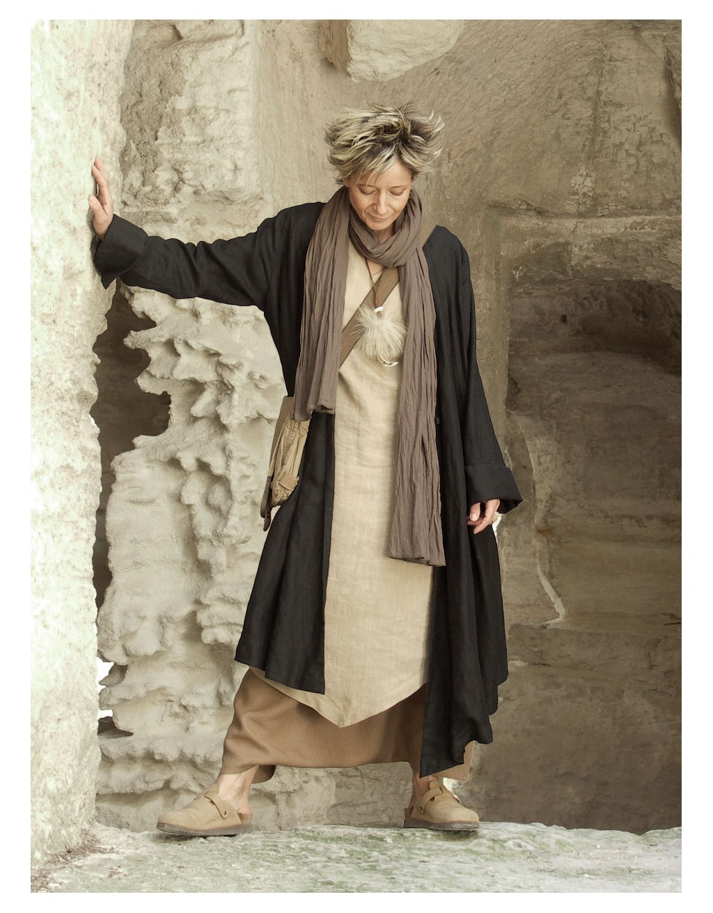 Asymmetrical black linen coat for women