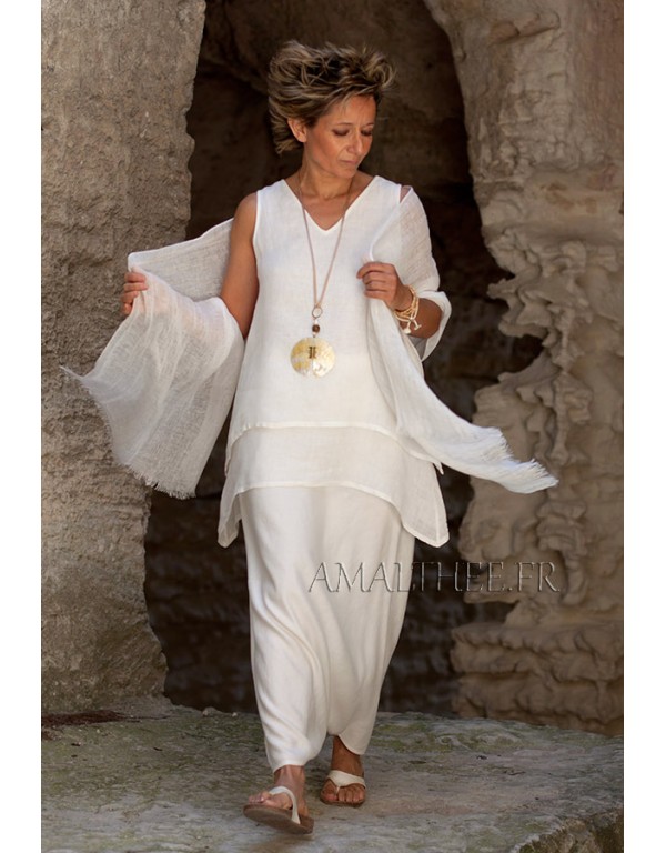 Off white layered linen gauze top with sarouel skirt