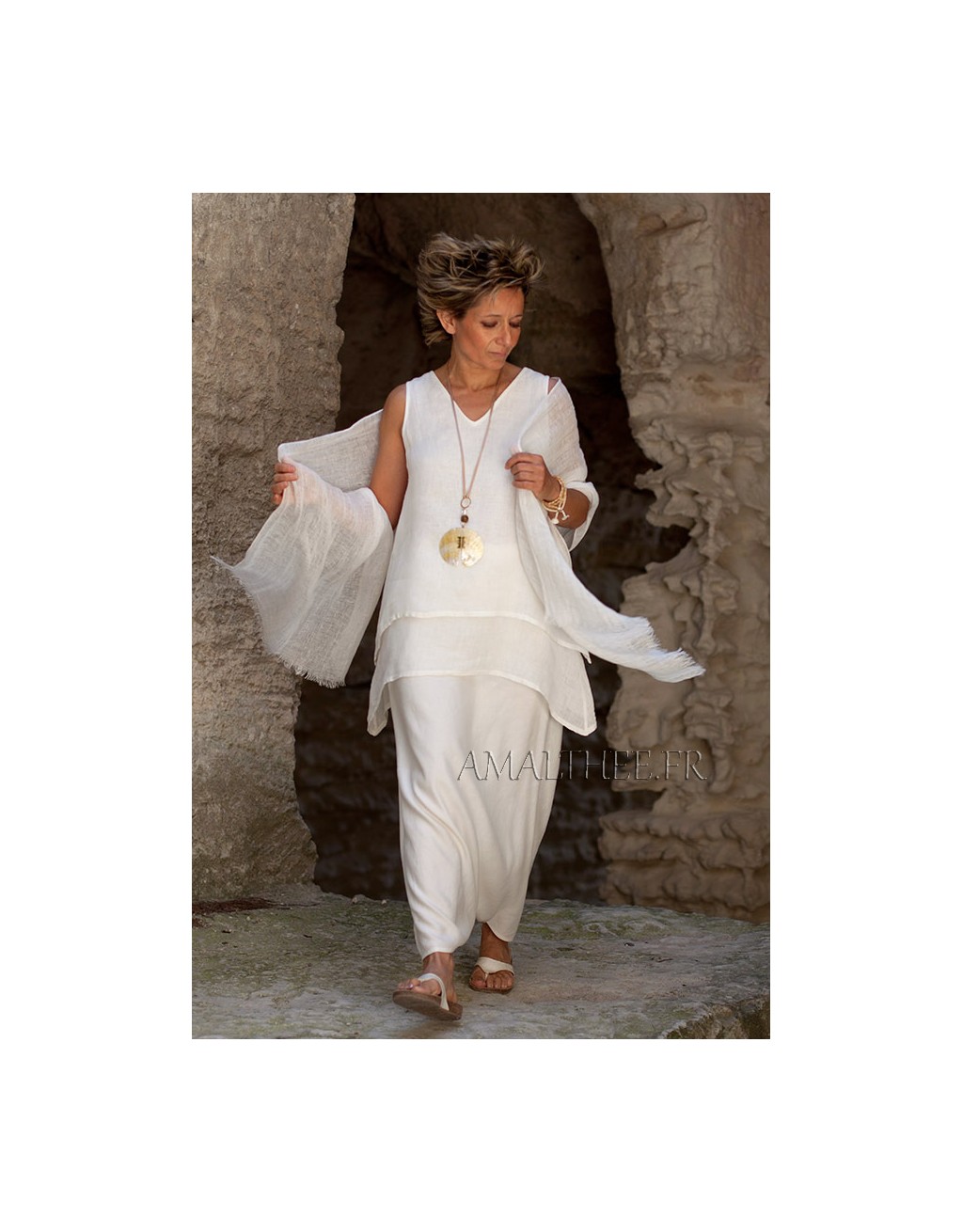 Off white layered linen gauze top with sarouel skirt