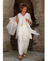 Off white layered linen gauze top with sarouel skirt