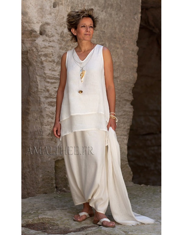 Off white layered linen gauze top with sarouel skirt