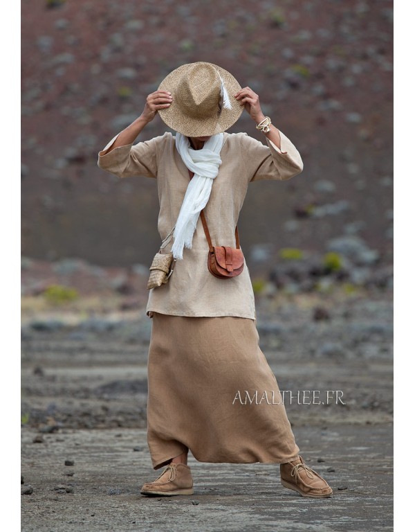 flax linen golden beige Tunic with sleeves and havana sarouel skirt