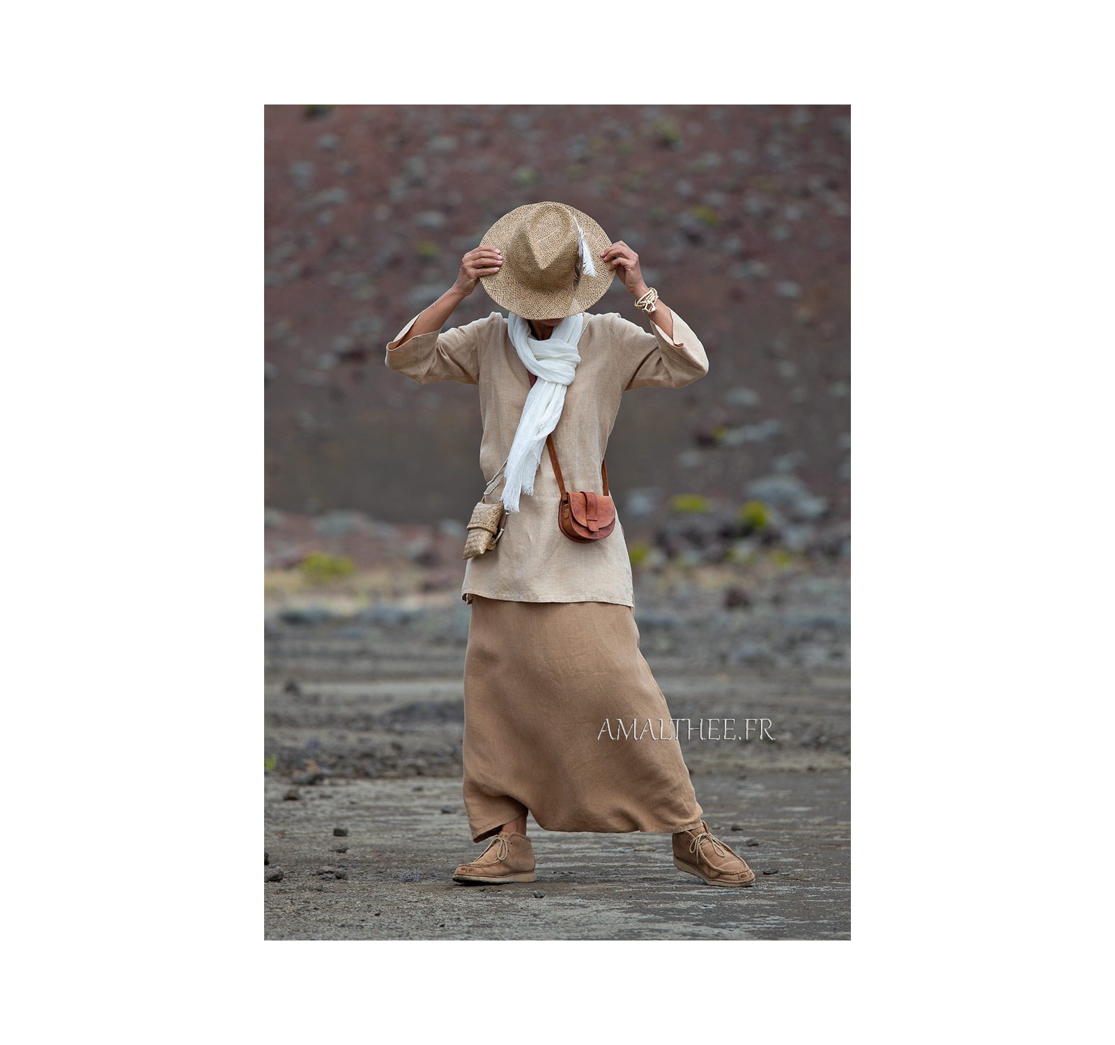 flax linen golden beige Tunic with sleeves and havana sarouel skirt