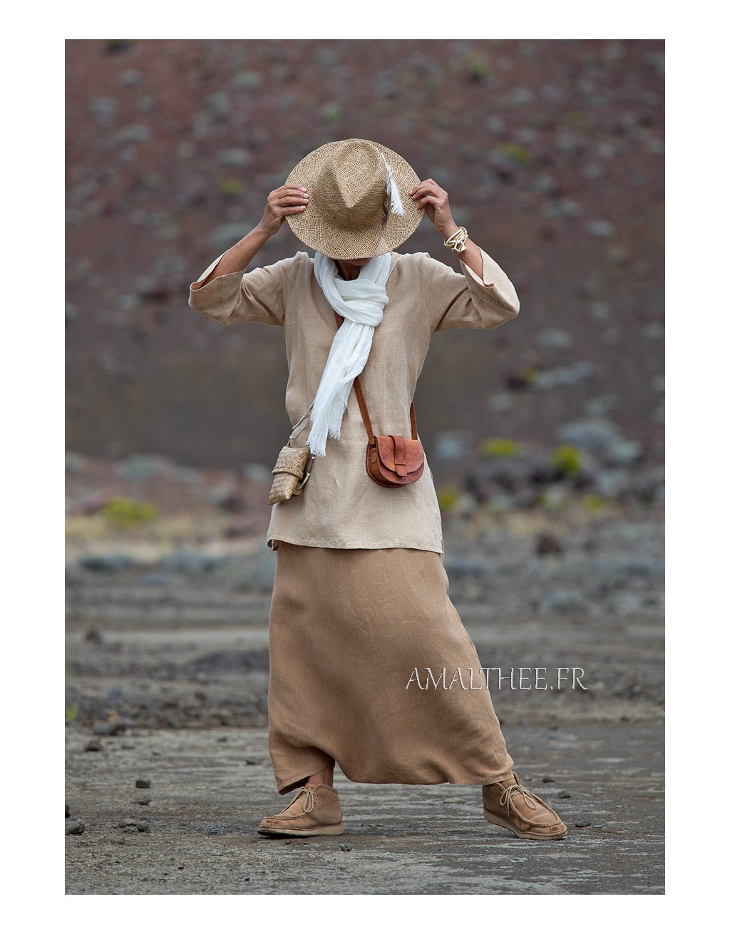 flax linen golden beige Tunic with sleeves and havana sarouel skirt