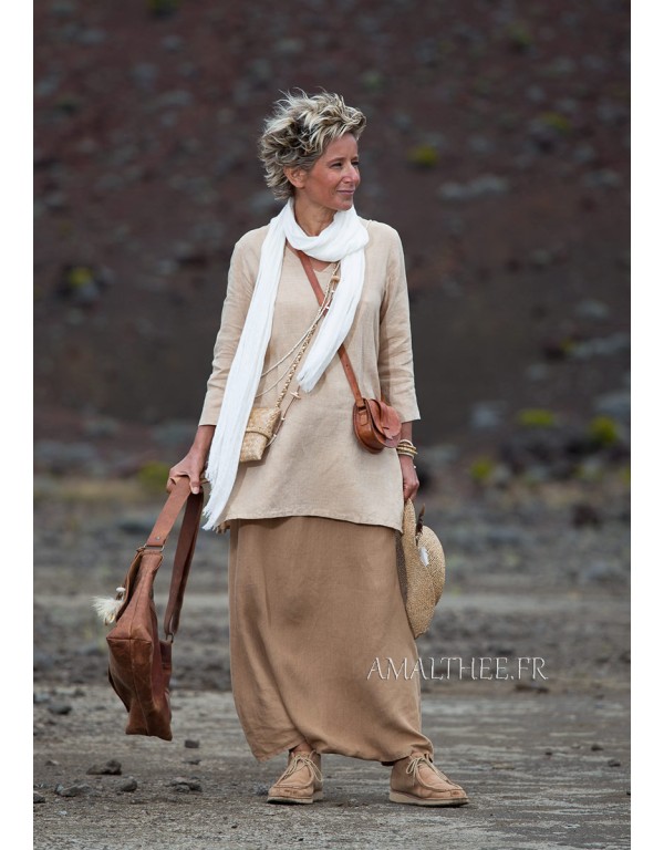 flax linen golden beige Tunic with sleeves and havana sarouel skirt