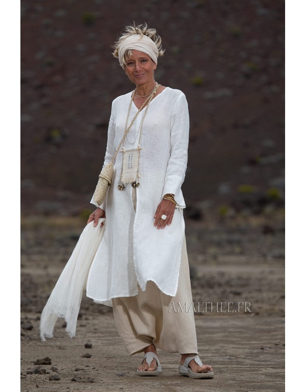 White linen side slit summer tunic with long sleeves and sarouel skirt