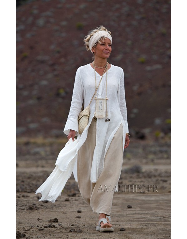 White linen side slit summer tunic with long sleeves and sarouel skirt