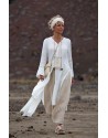White linen side slit summer tunic with long sleeves and sarouel skirt