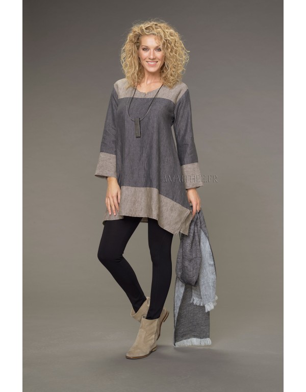 Two-tone Elisa tunic short two-tone stone gray / taupe version over black jeggings or linen pants