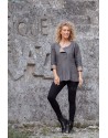 Two-tone Mathilde tunic in stone gray / taupe chambray linen with black jeggings