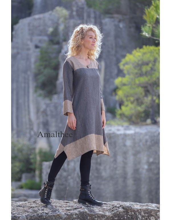 Two-tone Elisa tunic, anthracite / taupe gray dress version over black jeggings or denim blue linen pants