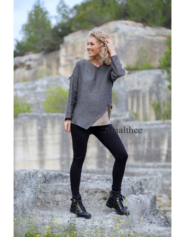 Two-tone Camille top in stone gray / taupe chambray linen with black jeggings