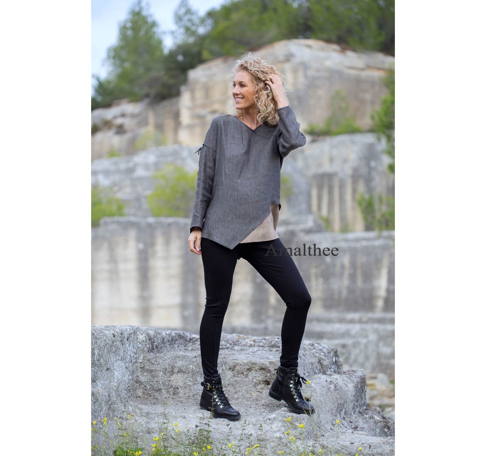 Two-tone Camille top in stone gray / taupe chambray linen with black jeggings