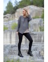 Two-tone Camille top in stone gray / taupe chambray linen with black jeggings