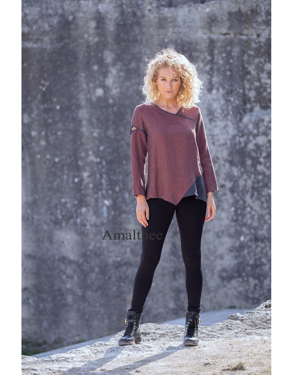 Two-tone Camille top in garnet / dark blue chambray linen with black jeggings