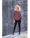 Two-tone Camille top in garnet / dark blue chambray linen with black jeggings