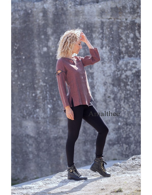 Two-tone Camille top in garnet / dark blue chambray linen with black jeggings