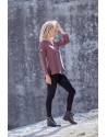 Two-tone Camille top in garnet / dark blue chambray linen with black jeggings