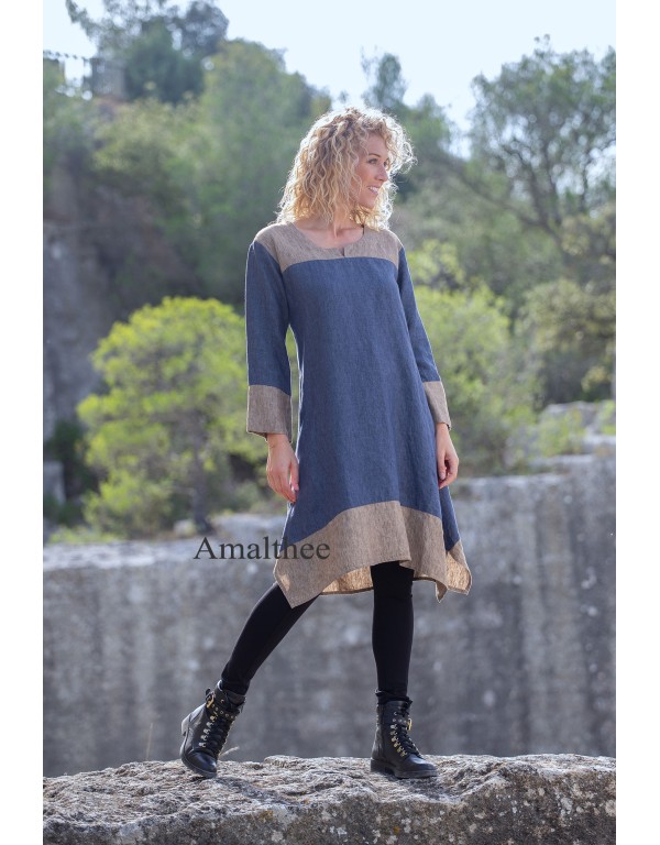 Two-tone Elisa tunic blue denim / taupe dress version over black jeggings or denim blue linen pants