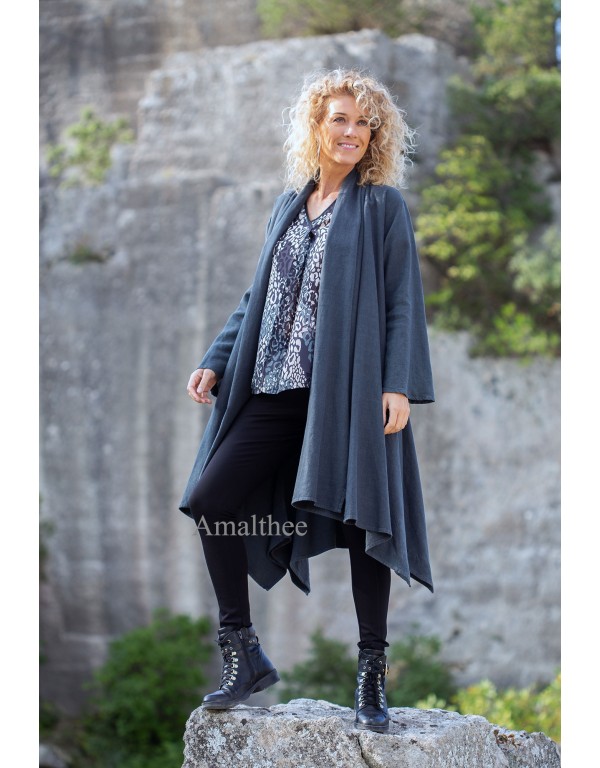 Adèle long unstructured coat in black wool linen and sea green print alaya tunic