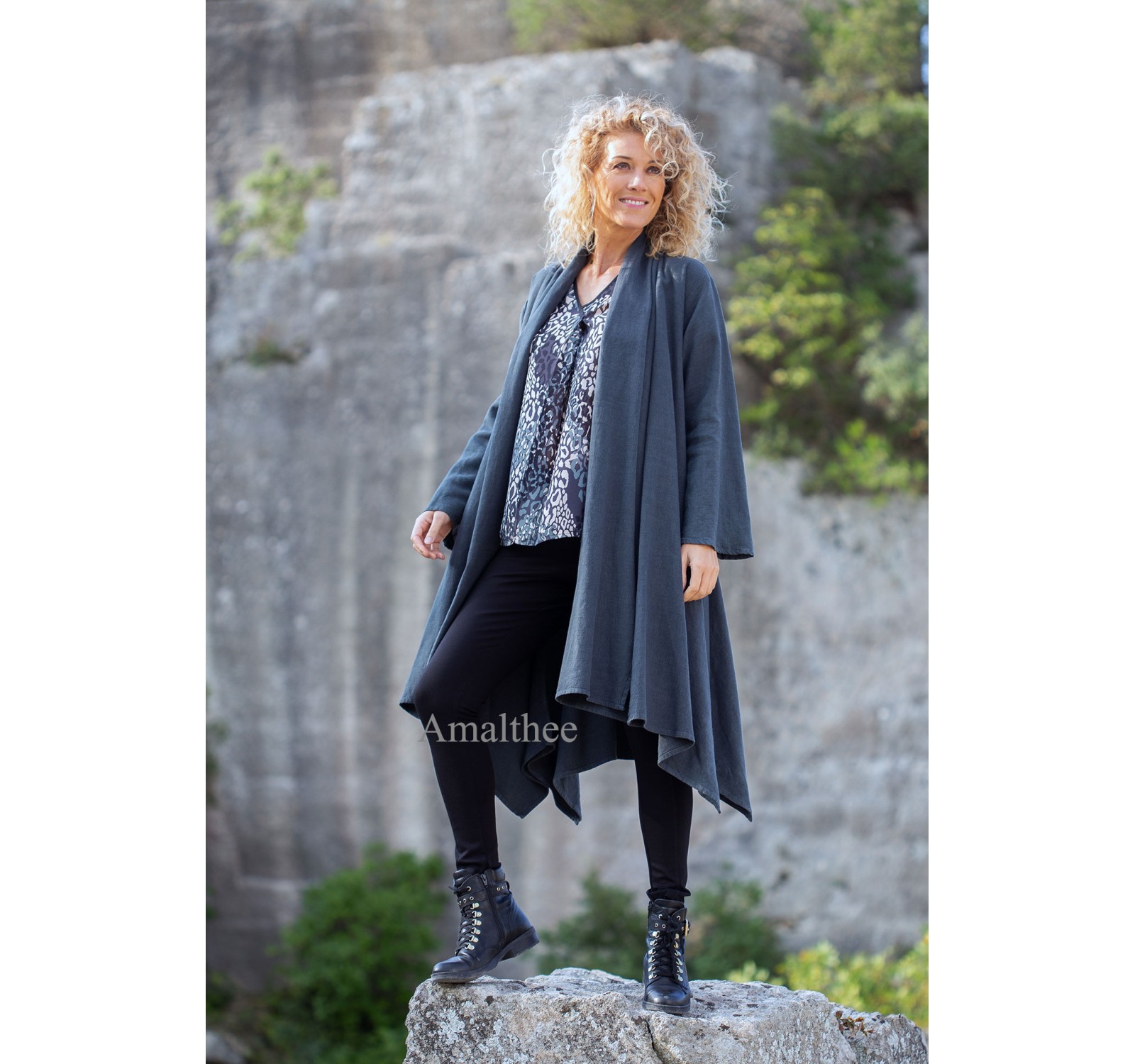 Adèle long unstructured coat in black wool linen and sea green print alaya tunic