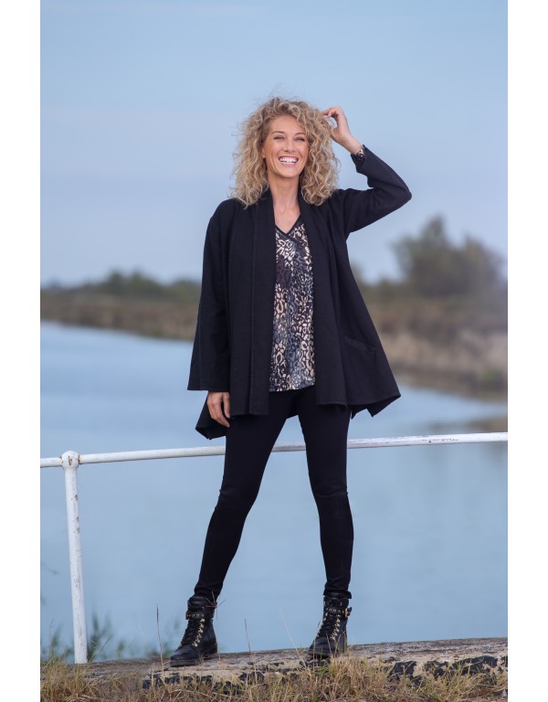 Emma black linen jacket worn with black jeggings or topstitched linen pants