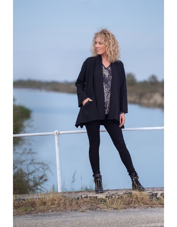 Emma black linen jacket worn with black jeggings or topstitched linen pants