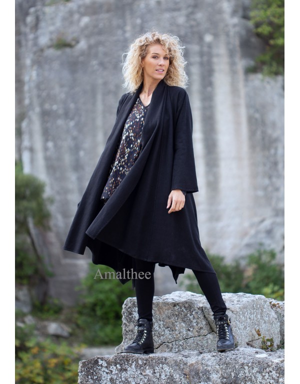 Adèle long unstructured coat in black wool linen and sea green print alaya tunic