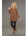 Lise coat in camel-colored wool linen with drape on the front with the unstructured Alaya tunic
