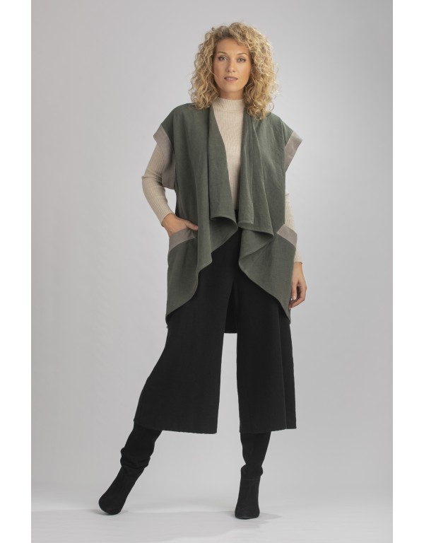 ALICE SLEEVELESS JACKET ALMOND GREEN TWO-TONE WOOL LINEN  WITH CULOTTES SKIRT PANTS