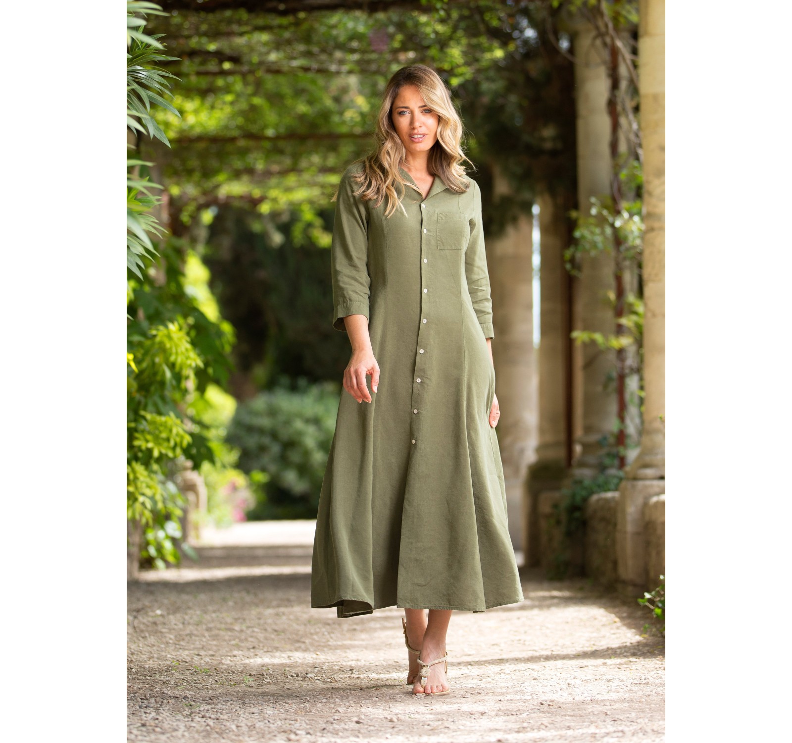 LONG KHAKI GREEN TENCEL LINEN DRESS JADE