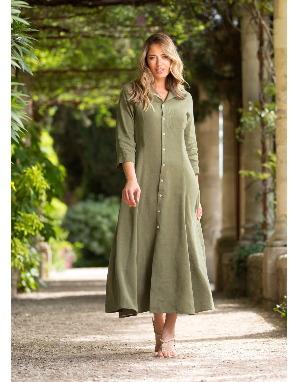 LONG KHAKI GREEN TENCEL LINEN DRESS JADE