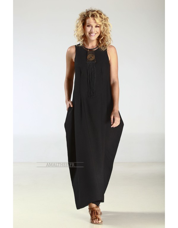 BLACK LINEN TENCEL ELEGANT DRESS
