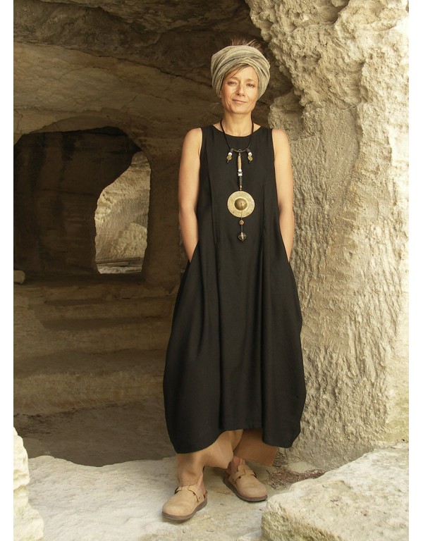 BLACK LINEN TENCEL ELEGANT DRESS