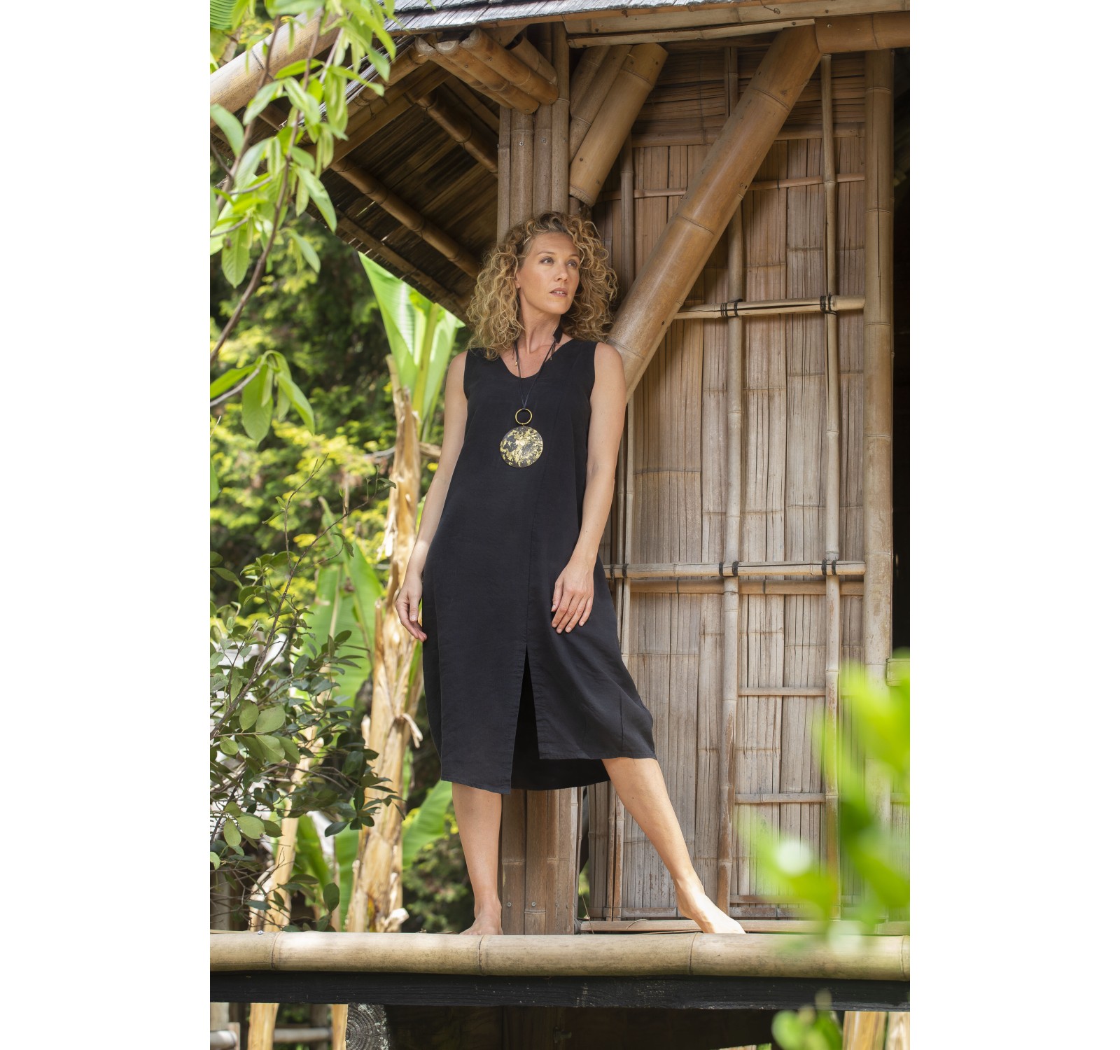 ELENA  BLACK LINEN TENCEL DRESS