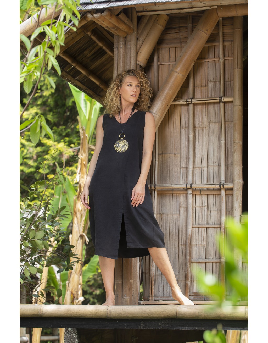 ELENA  BLACK LINEN TENCEL DRESS