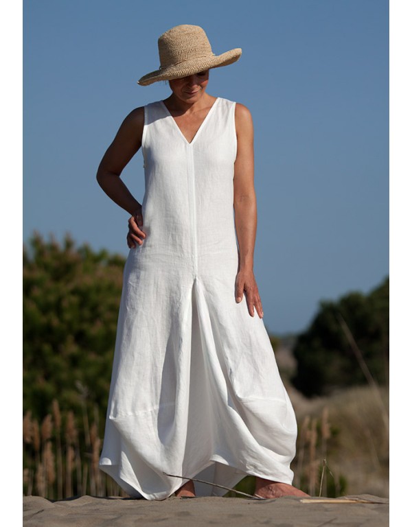 WHITE COMBED LINEN MOON DRESS