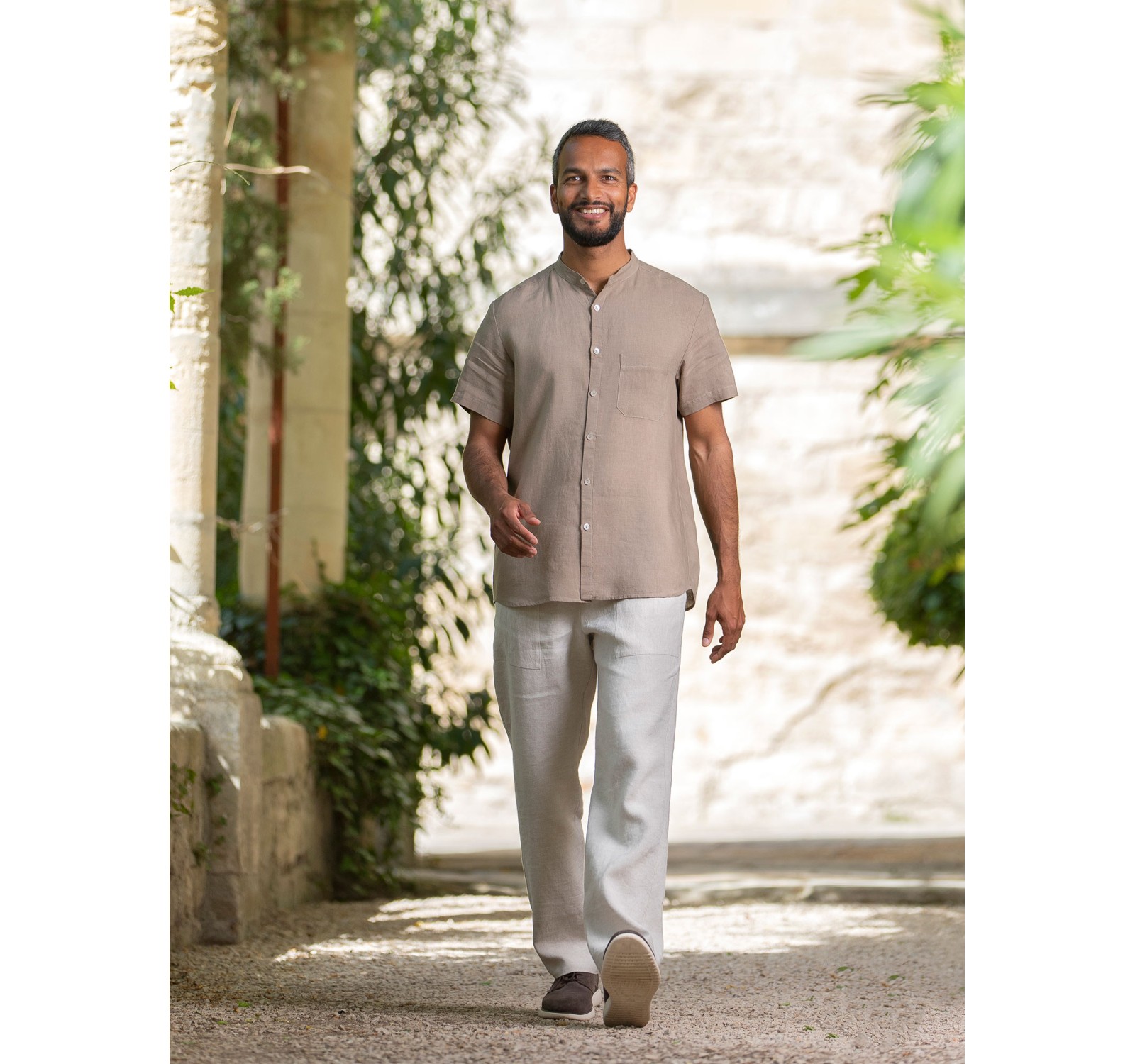 KHAKI BIEGE LINEN SOAN SHIRT WITH  MAO COLLAR