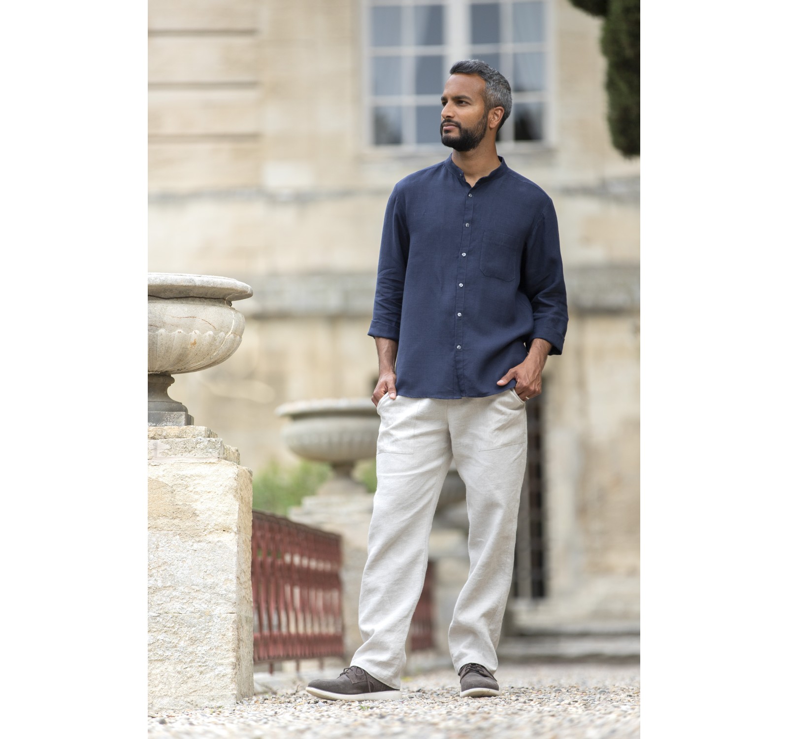 SOAN NAVY BLUE LINEN MAO COLLAR SHIRT