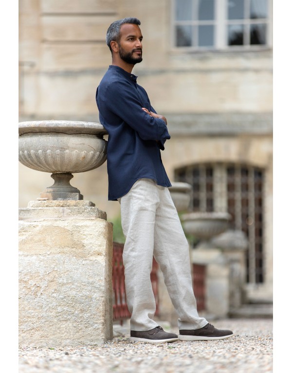 SOAN NAVY BLUE LINEN MAO COLLAR SHIRT