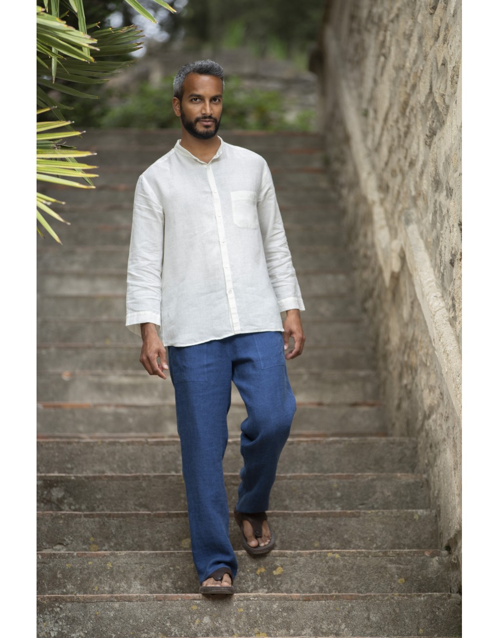 OFF WHITE LINEN  SOAN SHIRT WITH  MAO COLLAR