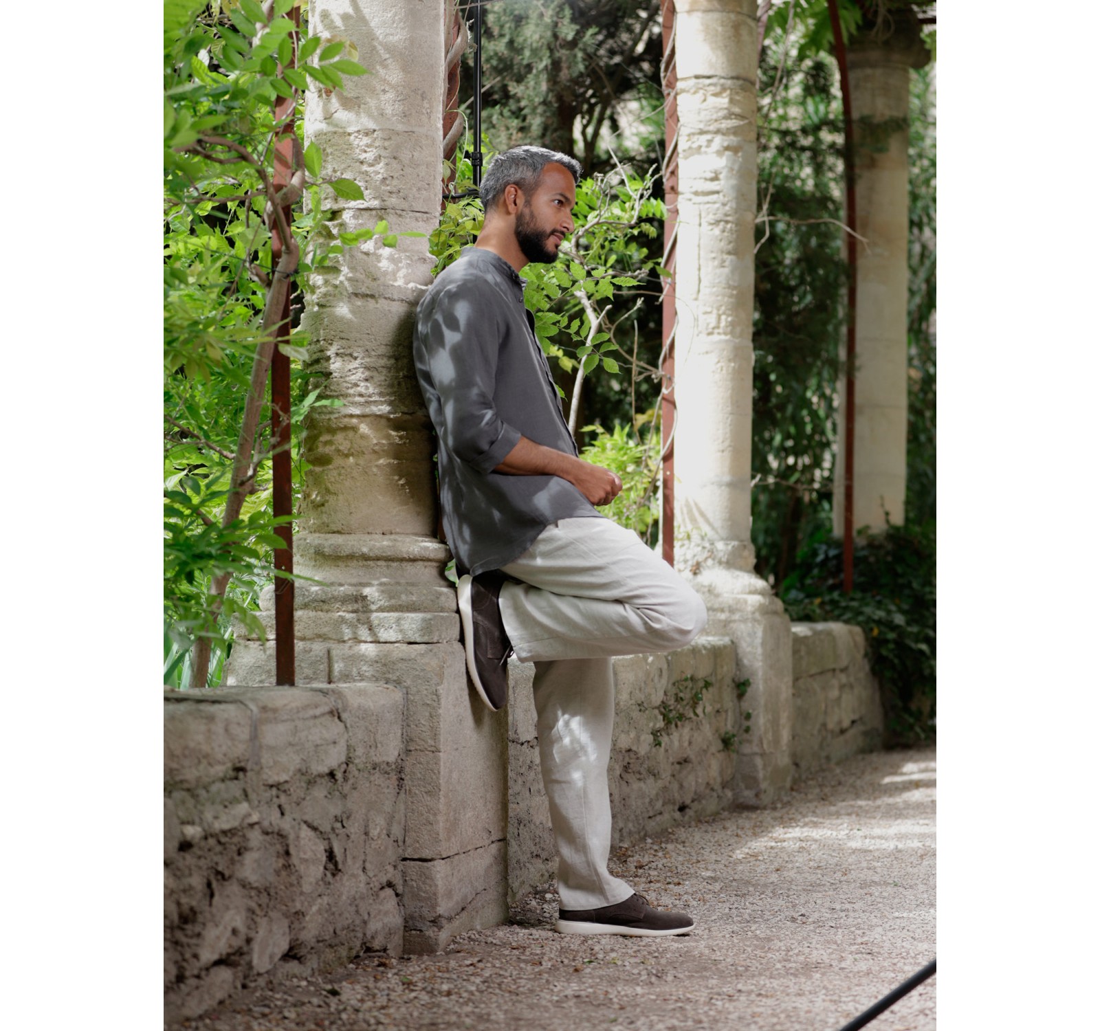 SOAN CHARCOAL GREY LINEN MAO COLLAR SHIRT