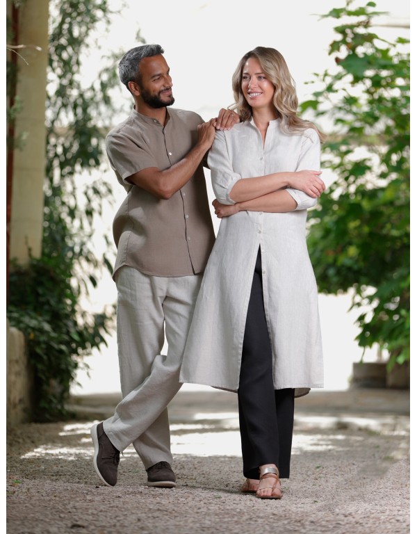 KHAKI BIEGE LINEN SOAN SHIRT WITH  MAO COLLAR