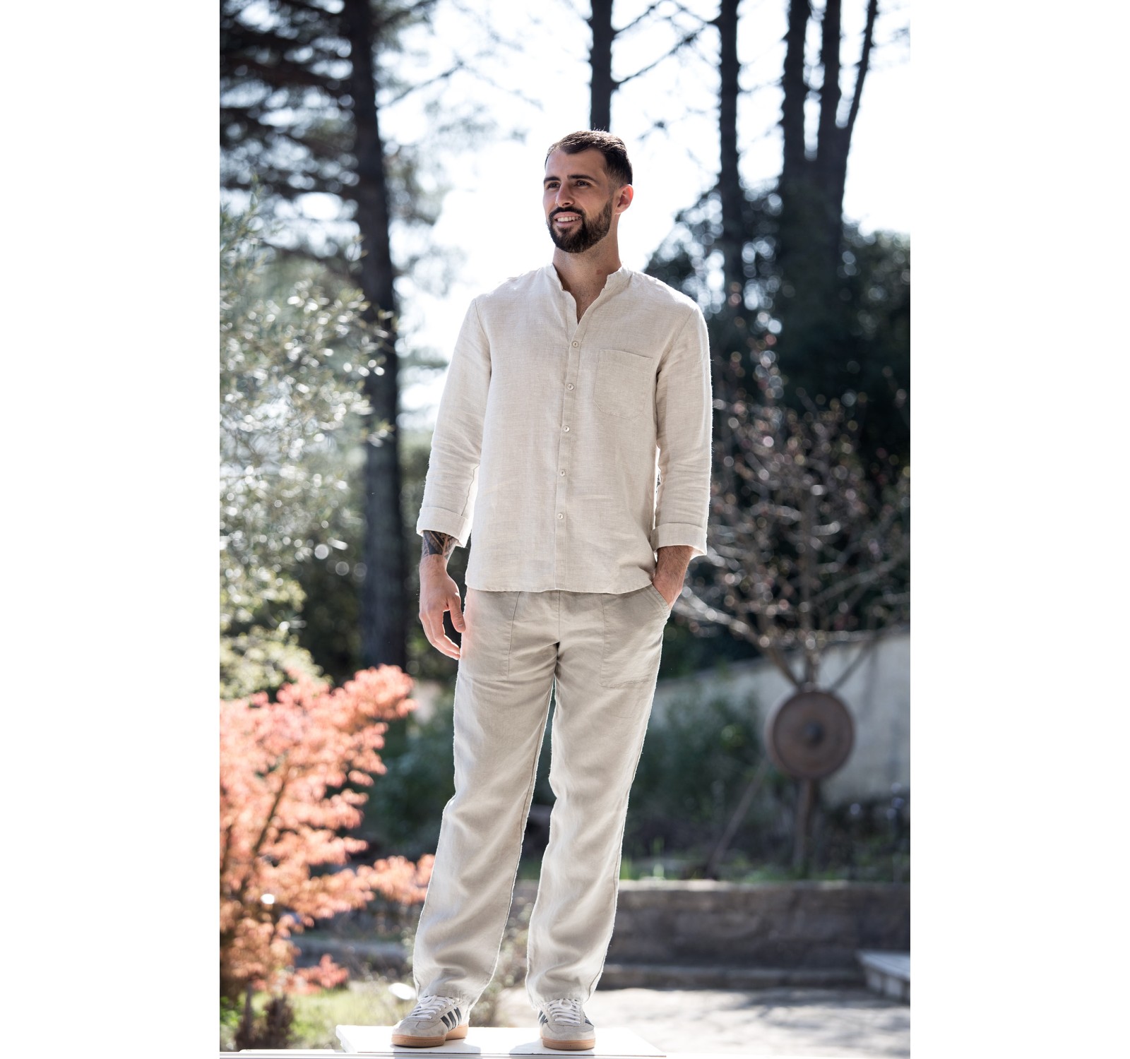 SOAN CHARCOAL GREY LINEN MAO COLLAR SHIRT