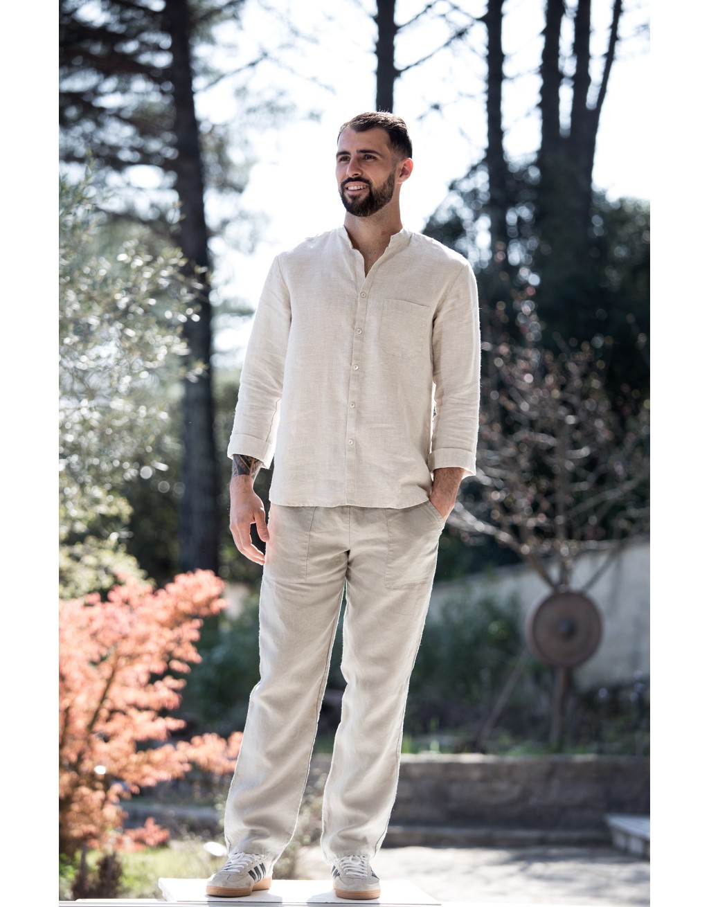 SOAN CHARCOAL GREY LINEN MAO COLLAR SHIRT